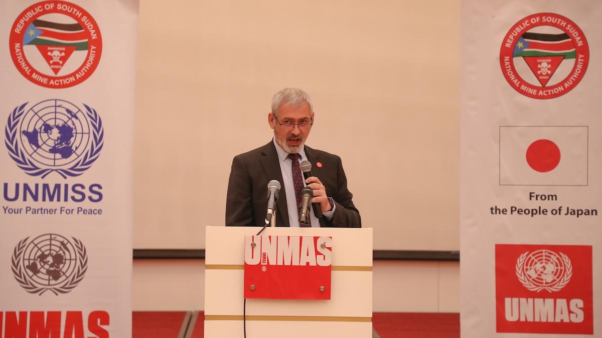 Zehrudin Sukanovic, Chief of the UN Mine Action Service in South Sudan giving a speech behind a podium