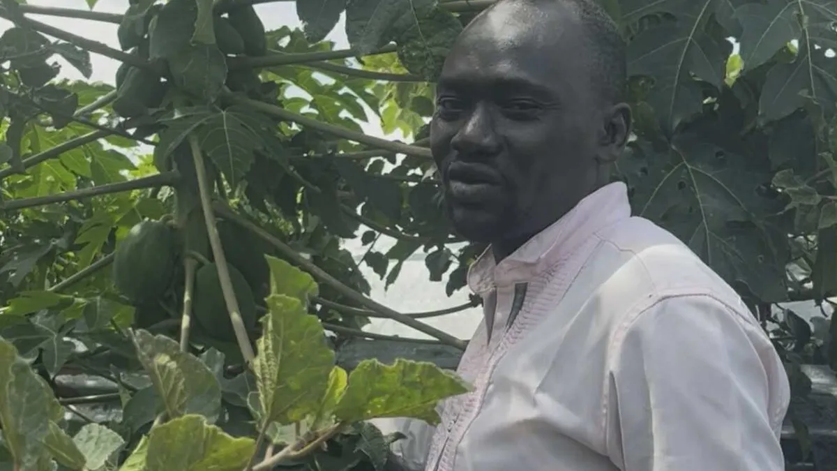 If you ask UNMISS Field Language Assistant James Nyapir Oleo in Pibor, #PeaceBegins with being kind. Never forgetting that others were there to help him and his family when they were facing tough challenges of their own, James, in many ways, has made a point of giving back to those less fortunate than himself. Person wearing a light-colored shirt standing among dense green foliage with large leaves and unripe papayas.
