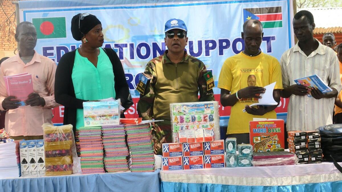 Bangladeshi peacekeepers serving for peace with UNMISS in Wau hand over books, stationery and sports equipment to students from local schools in Western Bahr El Ghazal