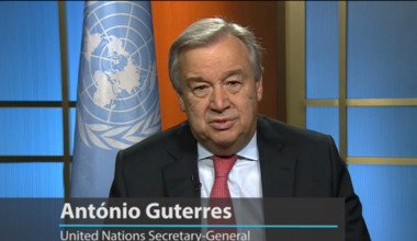 UN Secretary-General Antonio Guterres delivers a video appeal for peace