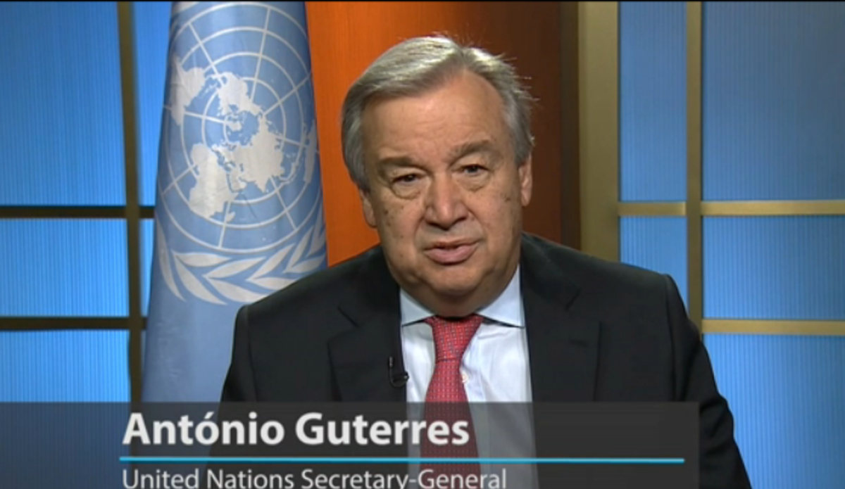 UN Secretary-General Antonio Guterres delivers a video appeal for peace