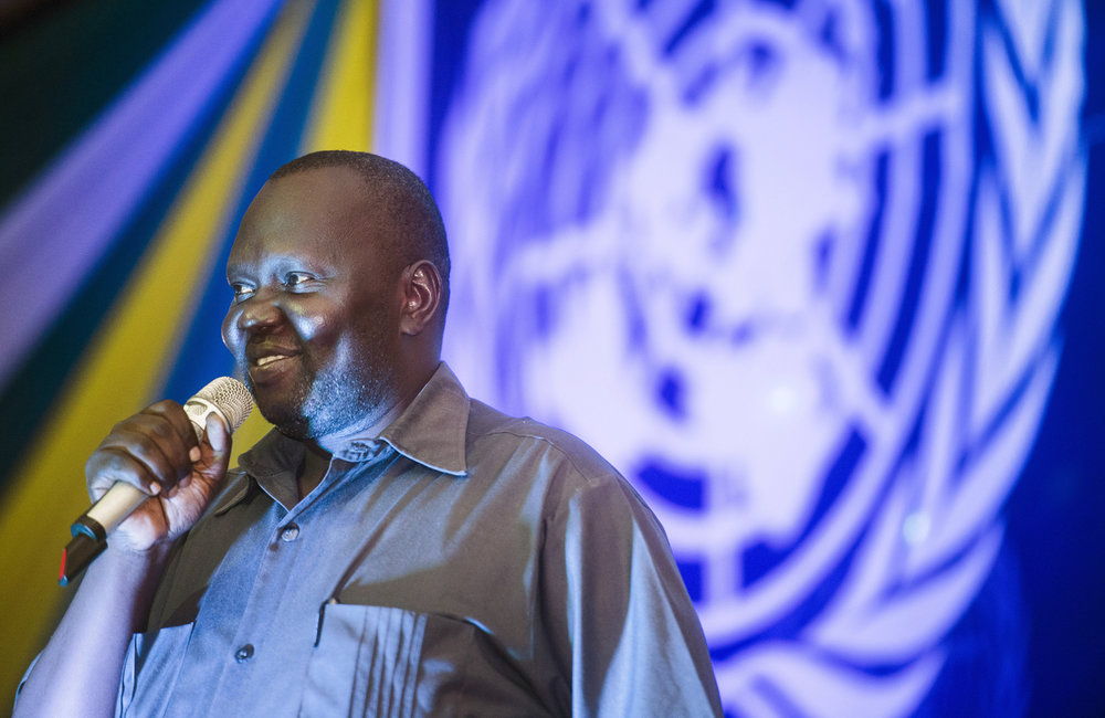 Salla Rajab Bunduki, State Minister for Youths, Sports & Culture in Jubek Stateaddresses the audience during the “Comedy for Peace" event, supported by the United Nations Mission in South Sudan (UNMISS), at the Nyakuron Cultural Centre on Sunday, 23 April in Juba.