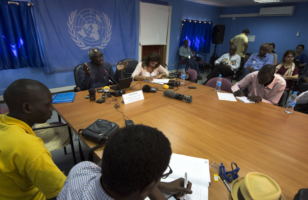 Adama Dieng, UN Special Adviser on the Prevention of Genocide, addresses a press conference in the UNMISS Tomping base in Juba